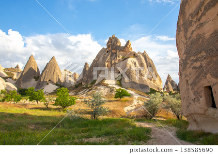 Cappadocia landscape with unique rock formations and green trees in the daytime under a blue sky Cappadocia landscape with unique rock formations and green trees in the daytime under a blue sky 138585690