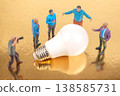 Miniature people gather around large light bulb on shiny golden surface during a creative discussion 138585731
