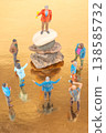 Miniature people gather around a figurine on a stone during a colorful scene at sunset 138585732