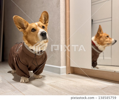A happy beautiful red-haired Welsh corgi in a jumpsuit is going for a walk 138585759