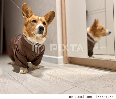 A happy beautiful red-haired Welsh corgi in a jumpsuit is going for a walk A happy beautiful red-haired Welsh corgi in a jumpsuit is going for a walk 138585762