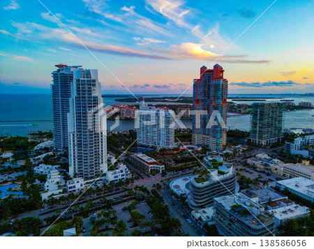 Aerial on Miami skyscraper in sunset. Aerial Miami south beach. Cityscape landscape in South Beach. Florida panorama. Skyscraper architecture of Miami. Miami South beach landscape aerial view 138586056