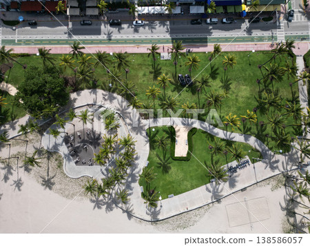 Park in summer. Relax area landscape aerial view. Green zone vacation. Aerial view Miami landscape, Florida. Aerial view on palm trees in park. Aerial landscape in South Beach. Ocean drive 138586057