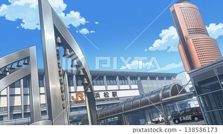 Landmarks at the north exit of Hamamatsu Station: JR Hamamatsu Station and Act Tower, musical note monument, sunny cityscape, Shizuoka. Landmarks at the north exit of Hamamatsu Station: JR Hamamatsu Station and Act Tower, musical note monument, sunny cityscape, Shizuoka. 138586173