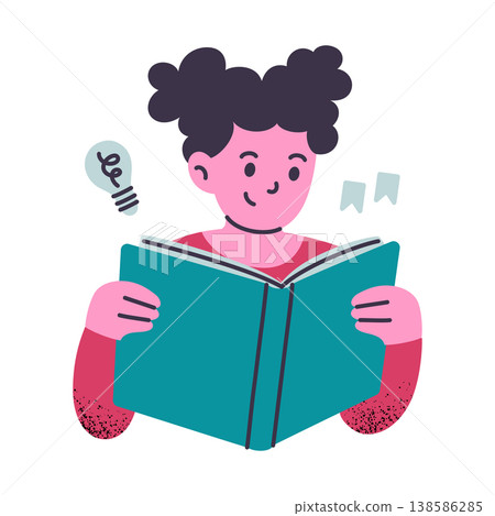 Little girl reading book, flat cartoon preschool child character with open textbook. Kids education and learning, school and study vector illustration, simple textured character scene 138586285