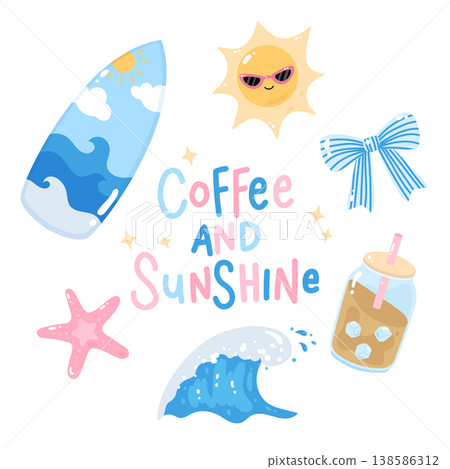Cute summer holiday poster with text "Coffee and Sunshine" Cute summer holiday poster with text "Coffee and Sunshine" 138586312