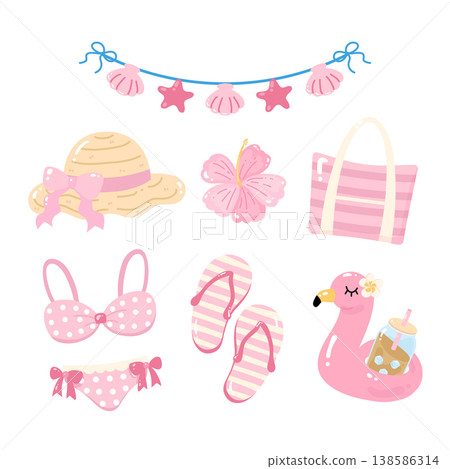 Cute girly pink summer essentials, hat, bikini, sandals, bag, iced coffee Cute girly pink summer essentials, hat, bikini, sandals, bag, iced coffee 138586314