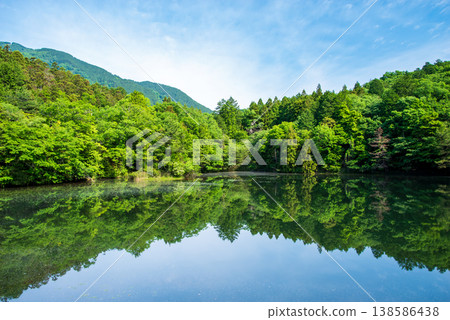 Otani Pond, a mystical pond nestled in the foothills of the Suzuka Mountains, surrounded by lush greenery. (Mizusawa-cho, Yokkaichi City, Mie Prefecture) 138586438
