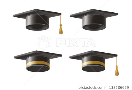 Realistic Black graduate caps set. 3D Graduation Doctoral hat. 138586659