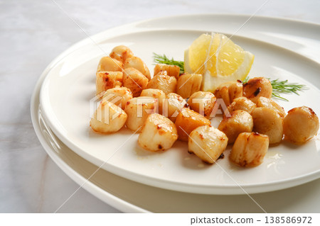 Cooking scallops on a plate with lemon and herbs for a simple seafood dish Cooking scallops on a plate with lemon and herbs for a simple seafood dish 138586972