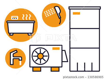 熱水器、浴缸、淋浴和水龍頭的簡單圖示插圖，帶有輪廓線。 138586985