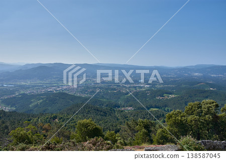 Galician landscape captured from Mount Tecla, showing the road, the river, and the extensive rural surroundings of Pontevedra. 138587045