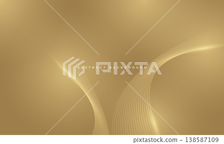 Golden curved lines on abstract background, metallic ribbons create fluid minimalist composition with soft highlights, subtle gradients, satin texture and warm tones conveying elegant premium 138587109