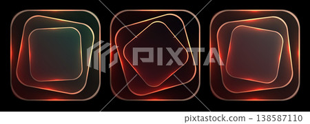 Neon glowing rounded square frames abstract background with three floating luminous shapes, warm orange and red glows against deep black, high contrast modern tech vibe, ideal for music visual, event 138587110