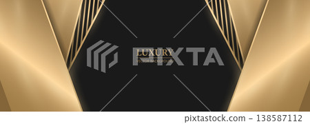 Elegant luxury design. Refined gold trimmed hexagon with reflective surface and symmetry. Luxurious dark hexagon shape surrounded by shimmering gold accents perfect for branding or invitations 138587112