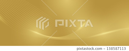 Glowing golden wave swoosh on gold elegant abstract background. Luxury vector illustration with striped wavy lines. Glowing golden wave swoosh on gold elegant abstract background. Luxury vector illustration with striped wavy lines. 138587113