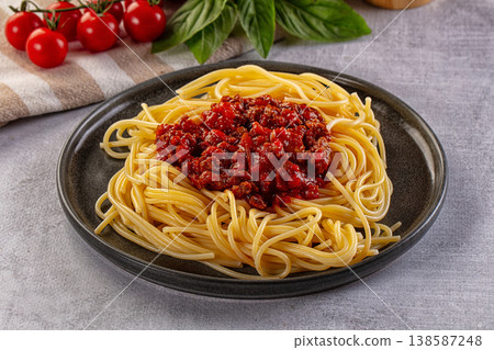 Italian pasta spaghetti bolognese with minced beef meat and tomato sauce Italian pasta spaghetti bolognese with minced beef meat and tomato sauce 138587248