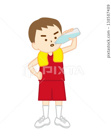 A basketball player stands with a towel around his neck and his hands on his hips, rehydrating. A basketball player stands with a towel around his neck and his hands on his hips, rehydrating. 138587489
