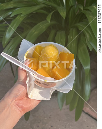 一隻女人的手拿著一份芒果芭菲 138587635