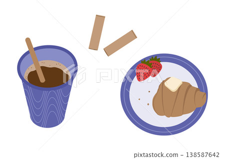 Bitten croissant with butter and crumbs Strawberries on plate and paper coffee cup, torn stick sugar. Croissant Day Isolated Vector illustration Greeting Thematic Card Food poster design elements Set Bitten croissant with butter and crumbs Strawberries on plate and paper coffee cup, torn stick sugar. Croissant Day Isolated Vector illustration Greeting Thematic Card Food poster design elements Set 138587642
