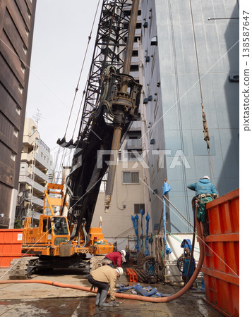 Building construction site, foundation work, Tokyo Building construction site, foundation work, Tokyo 138587647