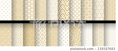 Geometric set of seamless golden and white patterns. Simple vector graphics Geometric set of seamless golden and white patterns. Simple vector graphics 138587683
