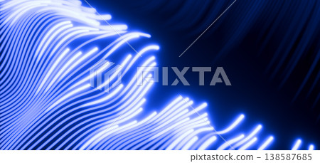 Neon blue light lines on dark 3d background. Abstract diagonal pattern with bright energy flow, glow trails, luminous curve wave traces. Futuristic tech design, fast motion effect. 3D illustration Neon blue light lines on dark 3d background. Abstract diagonal pattern with bright energy flow, glow trails, luminous curve wave traces. Futuristic tech design, fast motion effect. 3D illustration 138587685