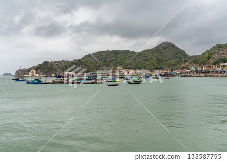 A scenic view of a bustling Vietnamese fishing village nestled beside a bay filled with numerous boats under a cloudy sky A scenic view of a bustling Vietnamese fishing village nestled beside a bay filled with numerous boats under a cloudy sky 138587795