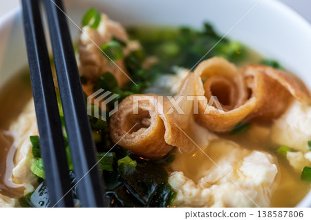 Close-up of Japanese Okinawa-style tofu and seaweed soup Close-up of Japanese Okinawa-style tofu and seaweed soup 138587806