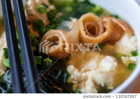 Close-up of Japanese Okinawa-style tofu and seaweed soup Close-up of Japanese Okinawa-style tofu and seaweed soup 138587807
