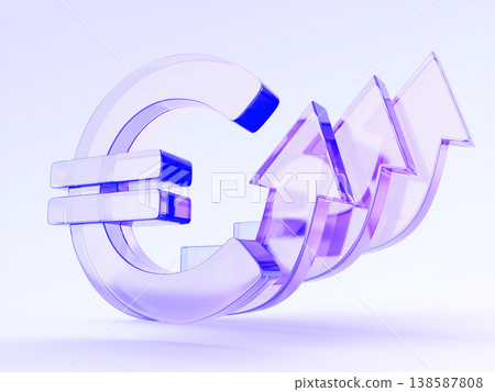 Holographic glass euro sign 3d icon with growing arrow graph. Purple transparent currency symbol on blue bg. Financial growth, exchange rate, rise price, increase tax, wage, pension. 3D illustration 138587808