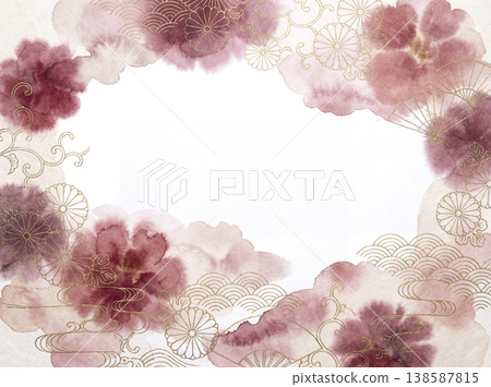 A Japanese-style frame background featuring deep red watercolors and golden chrysanthemums and fans. A Japanese-style frame background featuring deep red watercolors and golden chrysanthemums and fans. 138587815