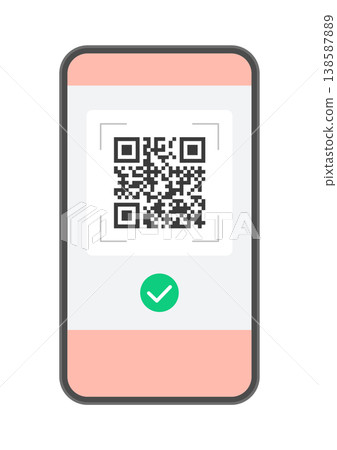 Illustration of a smartphone displaying a QR code and a checkmark - Material for code payments, electronic tickets, and links. 138587889