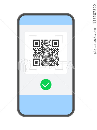 Illustration of a smartphone displaying a QR code and a checkmark - for code payments, electronic tickets, and links. 138587890