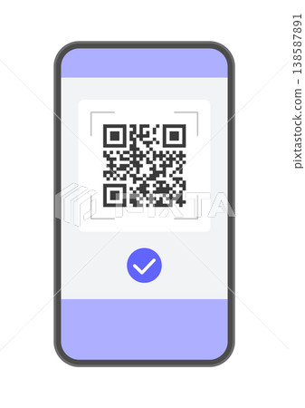 Illustration of a smartphone displaying a QR code and a checkmark - for code payments, electronic tickets, and links. 138587891