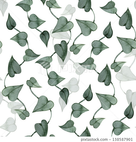 Hand drawn watercolor seamless pattern with trailing ivy vines and heart shaped green leaves. Elegant botanical texture of climbing plants for textile, wallpaper, wedding decor, and eco branding. Hand drawn watercolor seamless pattern with trailing ivy vines and heart shaped green leaves. Elegant botanical texture of climbing plants for textile, wallpaper, wedding decor, and eco branding. 138587901