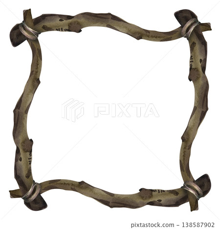 Hand drawn watercolor square frame made of rustic tree branches and wooden sticks. This realistic forest border features brown bark textures and tied corners, perfect for nature themed invitations 138587902