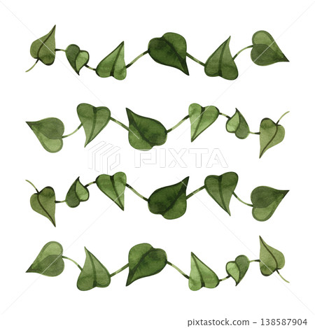 Hand drawn watercolor set of trailing ivy vines with heart shaped green leaves. Elegant botanical illustration of climbing plants, perfect for wedding invitations, eco branding, and home decor. Hand drawn watercolor set of trailing ivy vines with heart shaped green leaves. Elegant botanical illustration of climbing plants, perfect for wedding invitations, eco branding, and home decor. 138587904