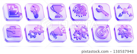 Hologram glass business icon set - briefcase, document, teamwork, idea, target, loudspeaker, award cup, fingerprint, wrench and gear. HR management, seo marketing, goal achievement. 3D illustration Hologram glass business icon set - briefcase, document, teamwork, idea, target, loudspeaker, award cup, fingerprint, wrench and gear. HR management, seo marketing, goal achievement. 3D illustration 138587948