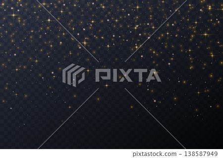 Night sky background with magic stars. Vector glitter of galaxy space. Abstract cosmic sparkles on transparent backdrop. Golden glowing particles of fantasy constellations. Night sky background with magic stars. Vector glitter of galaxy space. Abstract cosmic sparkles on transparent backdrop. Golden glowing particles of fantasy constellations. 138587949