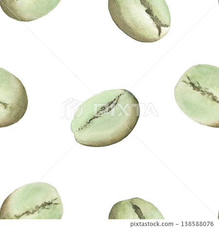 A watercolor pattern of green coffee beans. Natural Arabica beans from a coffee plantation are hand-painted. These are organic coffee beans. Suitable for menus, books, and printed materials. 138588076
