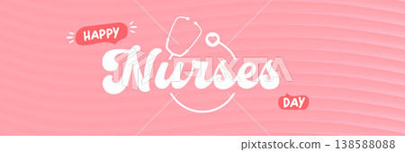 Happy Nurses Day wide banner. Pink wavy background with stethoscope icons and bold Happy Nurses Day typography. Modern seasonal Nurses Day header for healthcare workers appreciation, medical events Happy Nurses Day wide banner. Pink wavy background with stethoscope icons and bold Happy Nurses Day typography. Modern seasonal Nurses Day header for healthcare workers appreciation, medical events 138588088