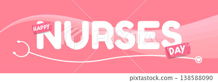 Happy Nurses Day wide banner. Pink wavy background with stethoscope icons and bold Happy Nurses Day typography. Modern seasonal Nurses Day header for healthcare workers appreciation, medical events Happy Nurses Day wide banner. Pink wavy background with stethoscope icons and bold Happy Nurses Day typography. Modern seasonal Nurses Day header for healthcare workers appreciation, medical events 138588090