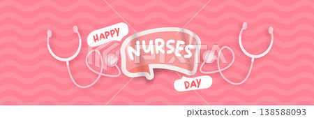 Happy Nurses Day wide banner. Pink wavy background with stethoscope icons and bold Happy Nurses Day typography. Modern seasonal Nurses Day header for healthcare workers appreciation, medical events Happy Nurses Day wide banner. Pink wavy background with stethoscope icons and bold Happy Nurses Day typography. Modern seasonal Nurses Day header for healthcare workers appreciation, medical events 138588093
