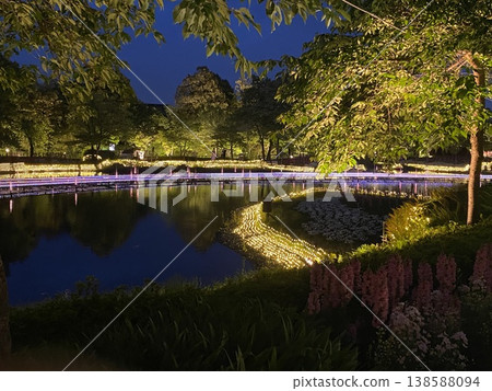 Illuminations at Nabana no Sato. Beautiful water surface. Illuminations at Nabana no Sato. Beautiful water surface. 138588094