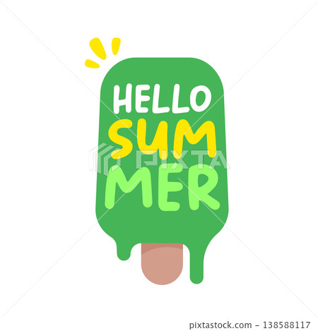 Hello Summer sticker with green melting ice cream. Cartoon popsicle icon with retro groovy hello summer typography. Modern seasonal hello summer graphic isolated on white for beach and food promotions 138588117