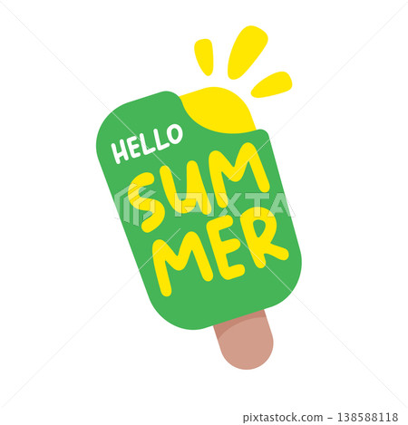 Hello Summer sticker with green melting ice cream. Cartoon popsicle icon with retro groovy hello summer typography. Modern seasonal hello summer graphic isolated on white for beach and food promotions Hello Summer sticker with green melting ice cream. Cartoon popsicle icon with retro groovy hello summer typography. Modern seasonal hello summer graphic isolated on white for beach and food promotions 138588118
