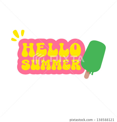 Hello Summer sticker with green melting ice cream. Cartoon popsicle icon with retro groovy hello summer typography. Modern seasonal hello summer graphic isolated on white for beach and food promotions 138588121