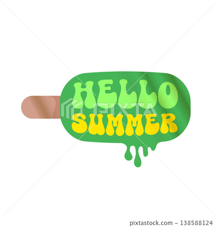 Hello Summer sticker with green melting ice cream. Cartoon popsicle icon with retro groovy hello summer typography. Modern seasonal hello summer graphic isolated on white for beach and food promotions 138588124