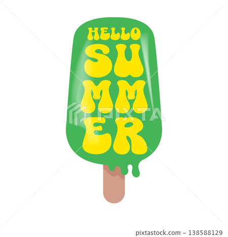 Hello Summer sticker with green melting ice cream. Cartoon popsicle icon with retro groovy hello summer typography. Modern seasonal hello summer graphic isolated on white for beach and food promotions Hello Summer sticker with green melting ice cream. Cartoon popsicle icon with retro groovy hello summer typography. Modern seasonal hello summer graphic isolated on white for beach and food promotions 138588129